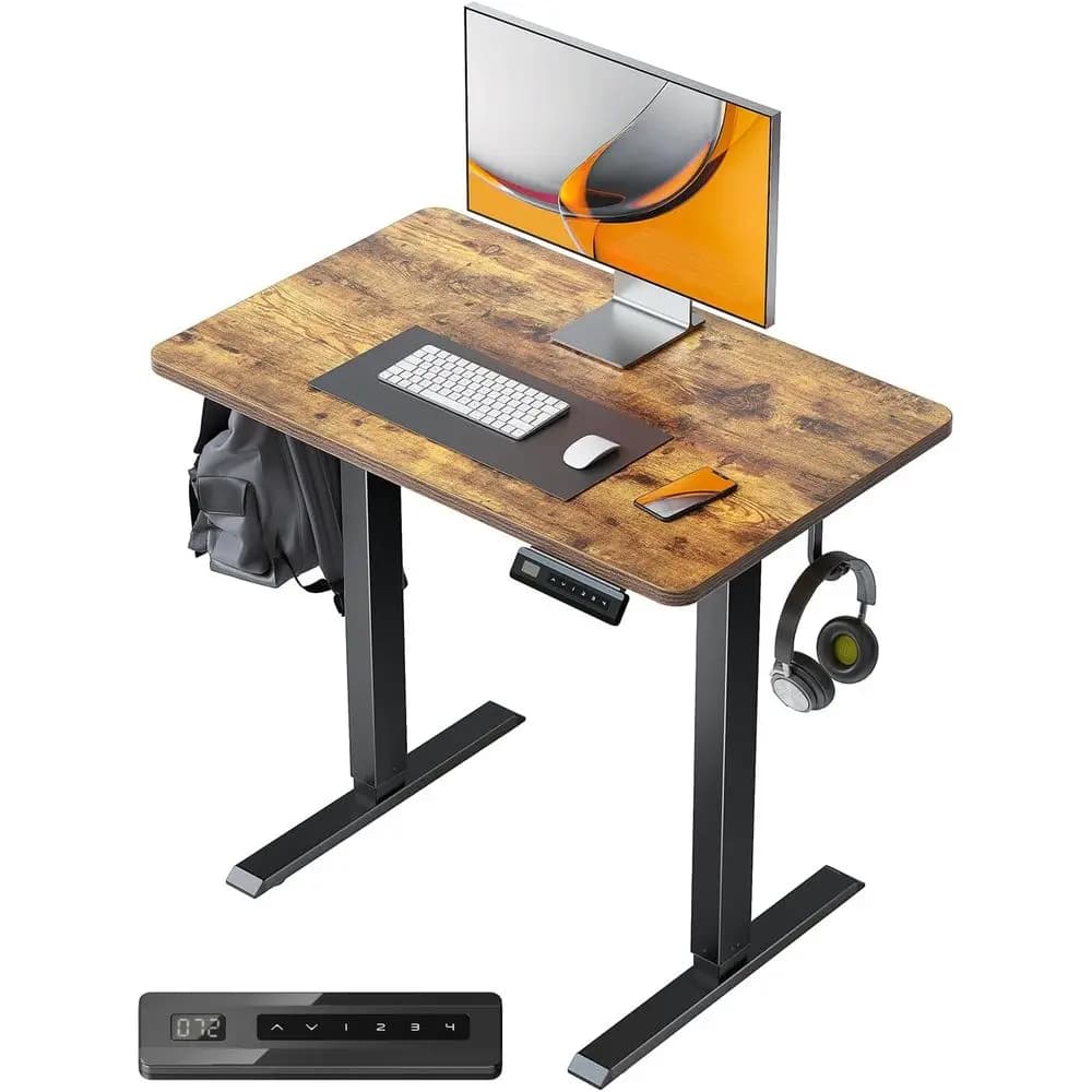 Scrivania stand up regolabile in altezza, scrivania elettrica per ufficio domestico da 32x24 pollici, 4 preimpostazioni di memoria, gancio per cuffie, marrone rustico