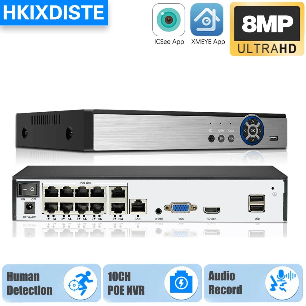 Registratore Video di Rete NVR POE 4K 8MP 10CH 8CH, Sistema di Telecamere IP di Sicurezza 8.0MP 5.0MP con Rilevamento Umano e Accesso Remoto tramite App Xmeye