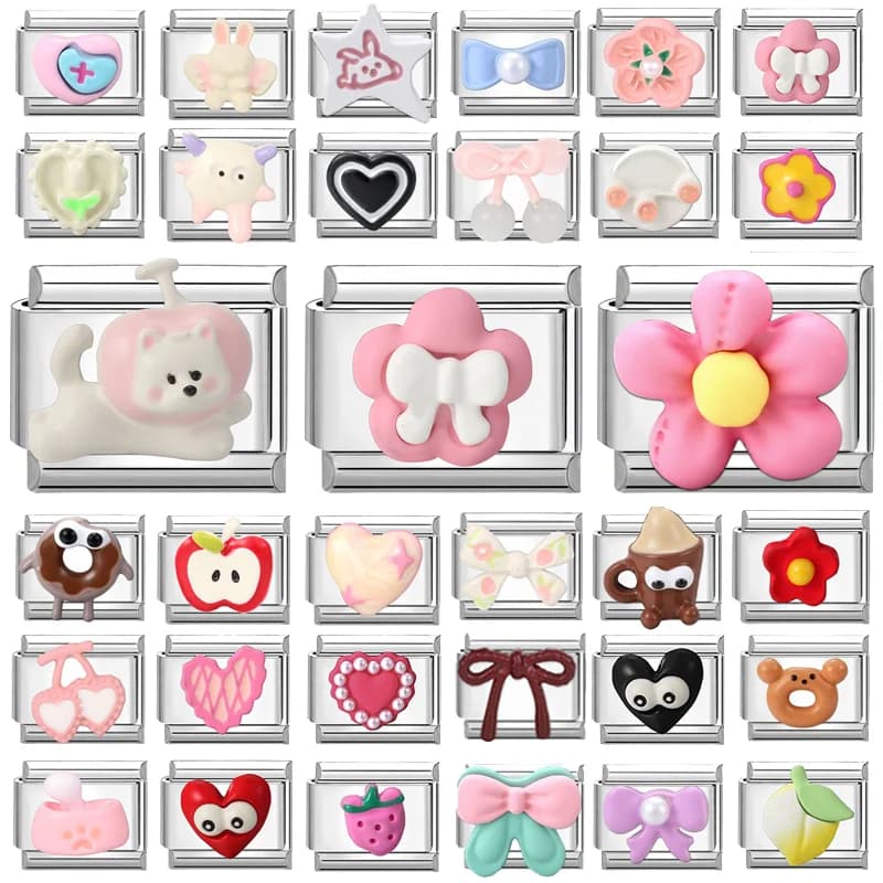 2025 Fashion Relief 3D Series Cute Cat Bow Knot Flower Italian Charm Link fit 9mm Stainless Steel Jewelry DIY Making Bracelet