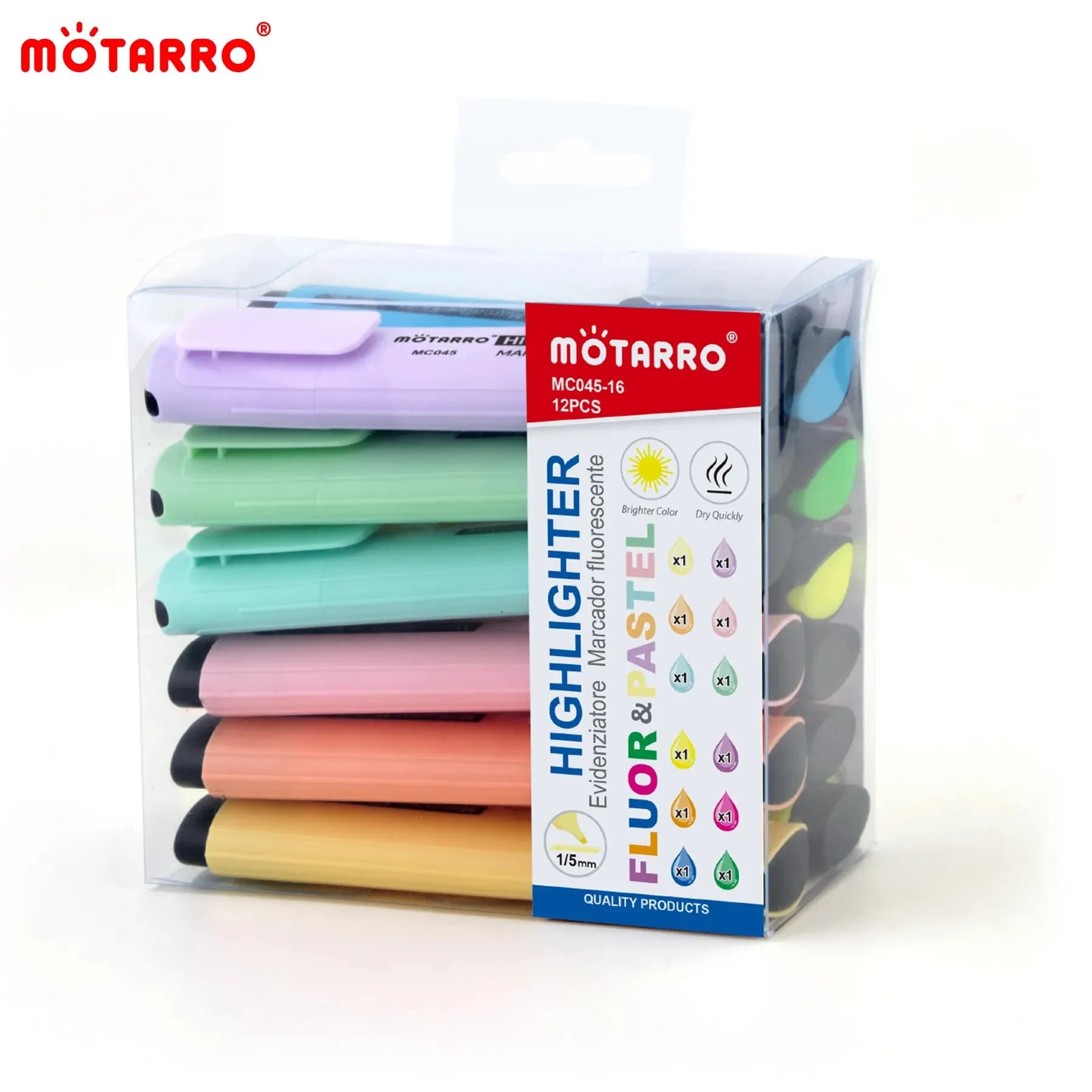 MOTARRO 12 pezzi pennarelli in scatola di PVC colori fluorescenti piccolo evidenziatore punta a scalpello design carino Kawaii per scrivere disegni graffiti