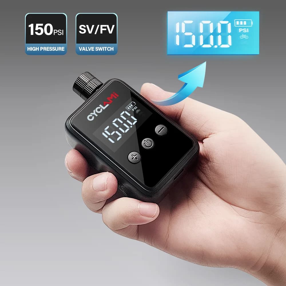 Pompa di aria elettrica portatile per bici tascabile da 150 PSI Compressore ricaricabile Gonfiatore per pneumatici Display digitale Manometro per pneumatici