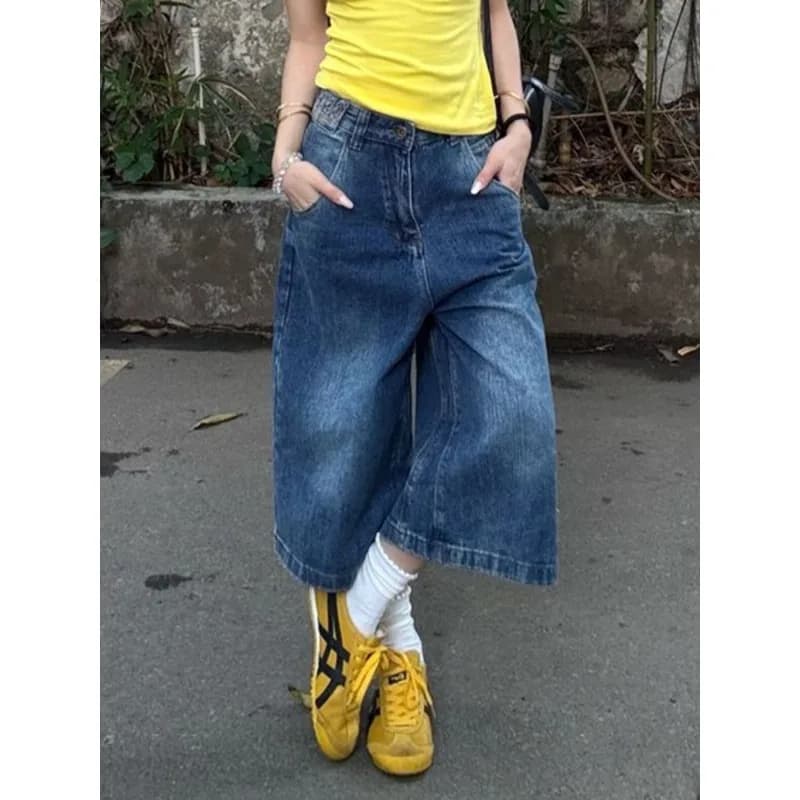 Jeans Vintage Americani a Vita Alta con Fibbia Regolabile, Pantaloni in Denim Morbido Effetto Vissuto Blu Chiaro per Donna, Modello 2026 per Uso Quotidiano Casual