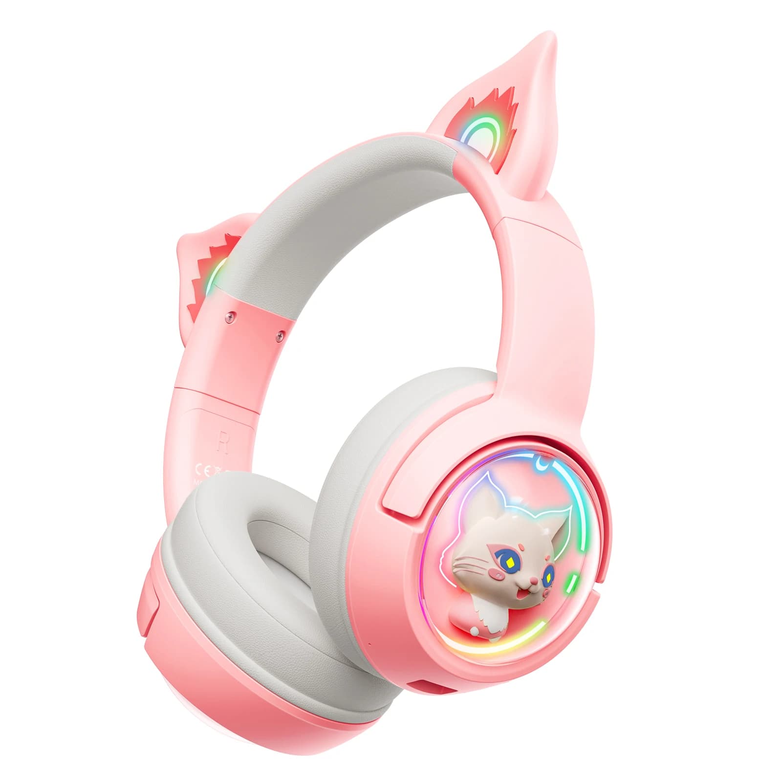 Bluetooth Wireless RGB Headphones with Cat and Microphone Earrings, Over-Ear Gaming Headphones with 50mm Driver, Cablate/Wireless for PC and Phone