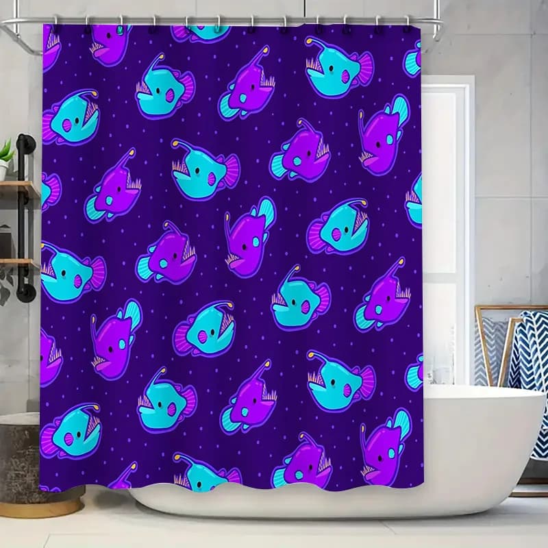 Tenda da doccia con pesci oceanici, vita marina blu, decorazione per il bagno, motivo animale marino, sfondo in tessuto impermeabile