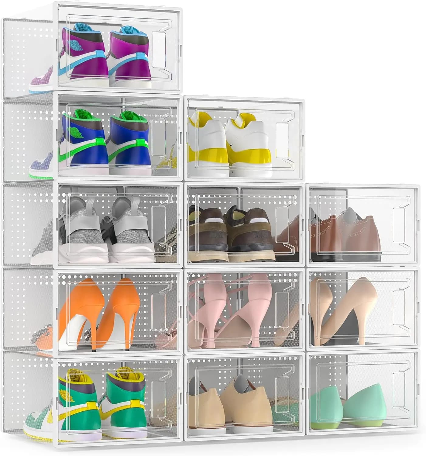 Confezione da 12 grandi scatole trasparenti impilabili per scarpe con coperchi, organizer modulare per armadio e camera da letto