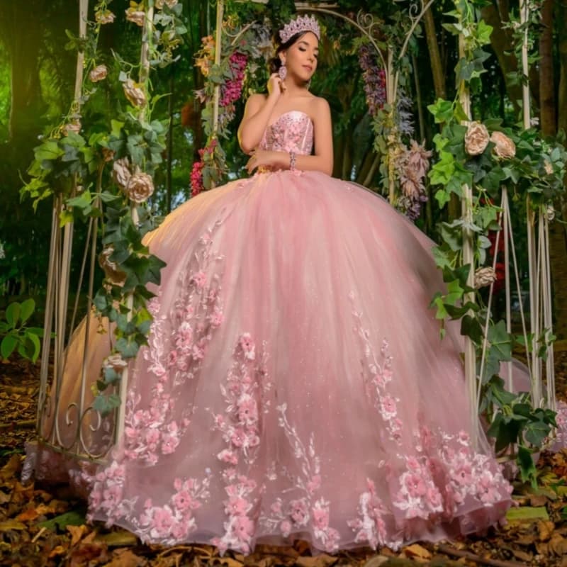 Abiti Quinceanera rosa lucido con spalle scoperte Applique Fiore che borda Tull Festa di compleanno Dolce 16 Abito Abiti 15 De Anos