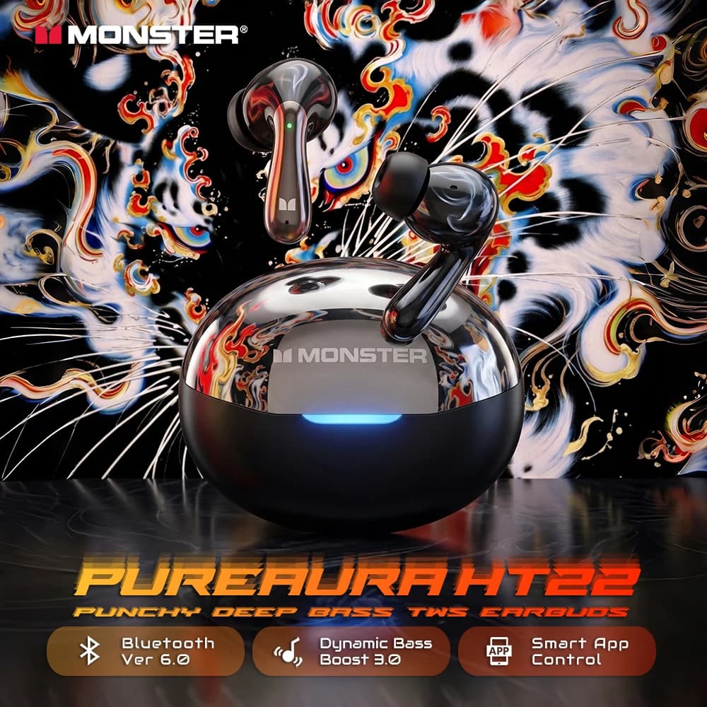 Monster PureAura HT22 Bluetooth 6.0 Earphones Puncy Deep Bass Headphones TWS Wireless Sports Earbuds with Original Sound APP