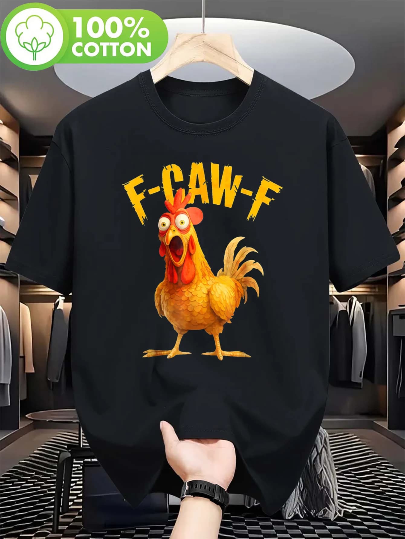 Men'S Funny F-Caw-F Chicken Dance T-Shirt - 100% Soft Breathable Moisture-Wicking Tee with Bold FCAWF Rooster & Eggshell Logo-Like Design, Casual Short Sleeve Shirt for Parties, Themed Events & Novelty Gifts (Black) - Humorous Gift for