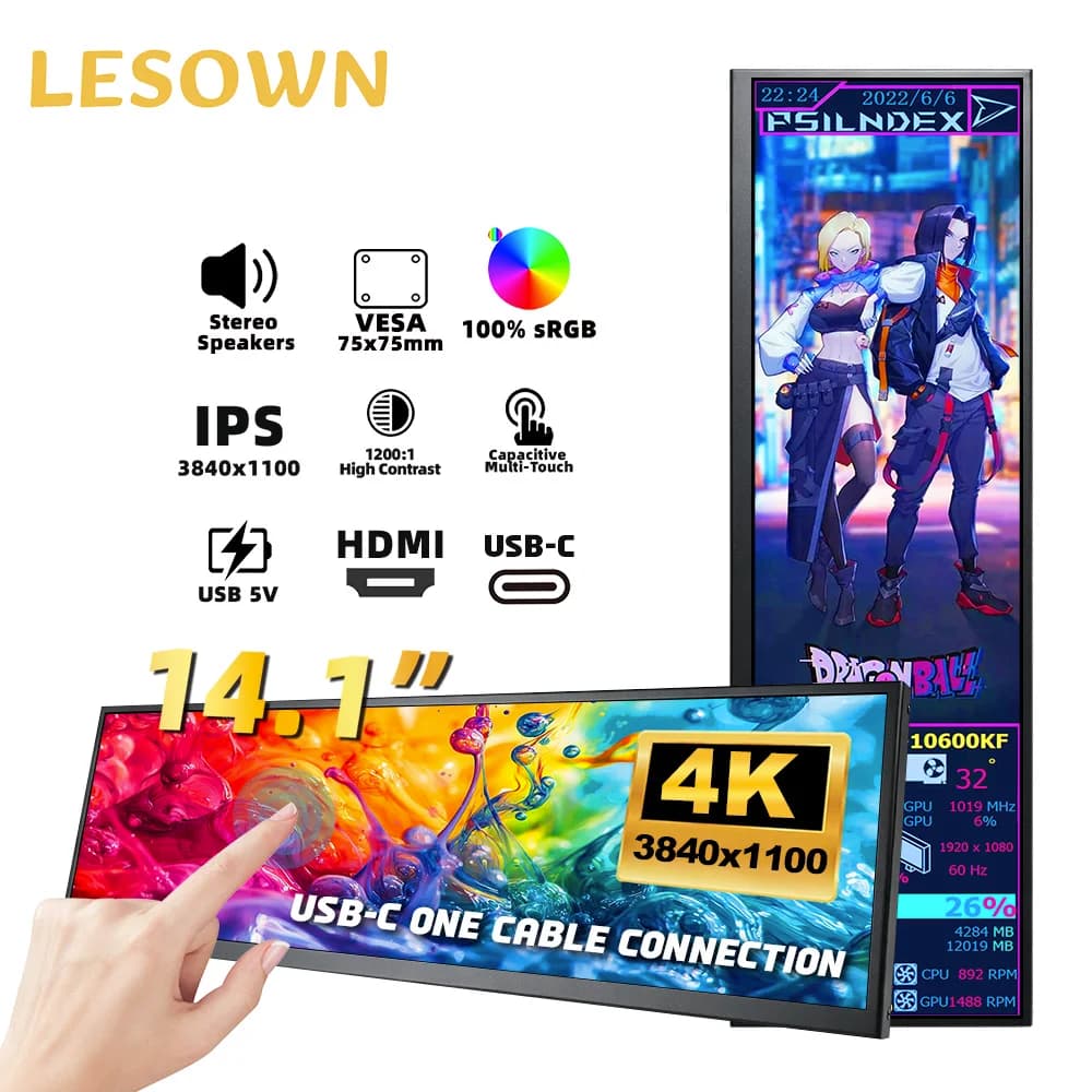 LESOWN 14.1 inch IPS banner display 3840×1100 Portable display with Raspberry Pi stretch bar for Android Windows Linux Switch PS5