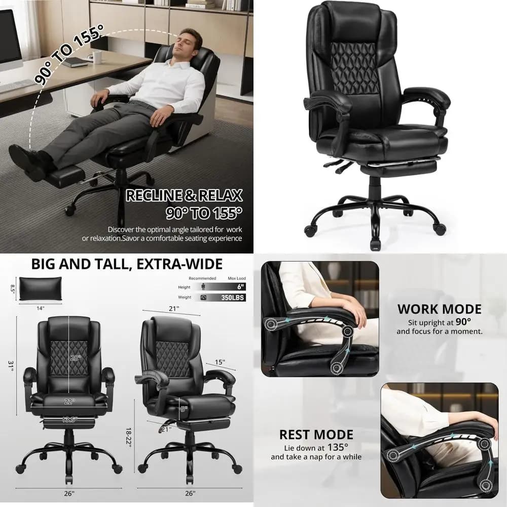 Sedia da Ufficio di Lusso in Pelle con Schienale Alto, Poggiapiedi, Reclinabile, Seduta Larga, Supporto Lombare, Ergonomica per Persone Alte e Robuste, Nera