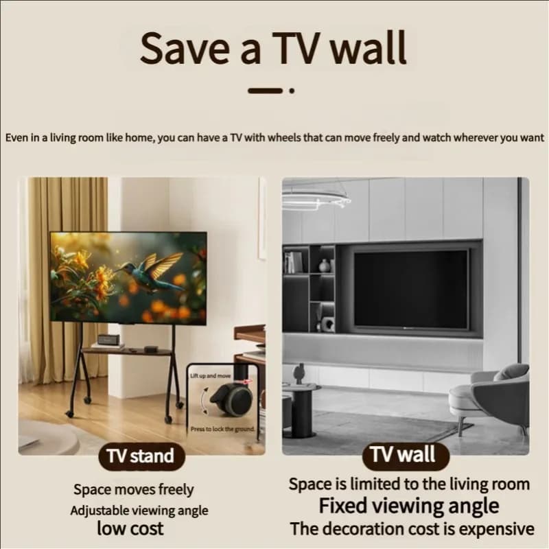 Supporto TV Mobile Nordico con Ruote, Porta TV Universale e Ripiano per Monitor, Carrello TV Moderno per Arredamento Soggiorno