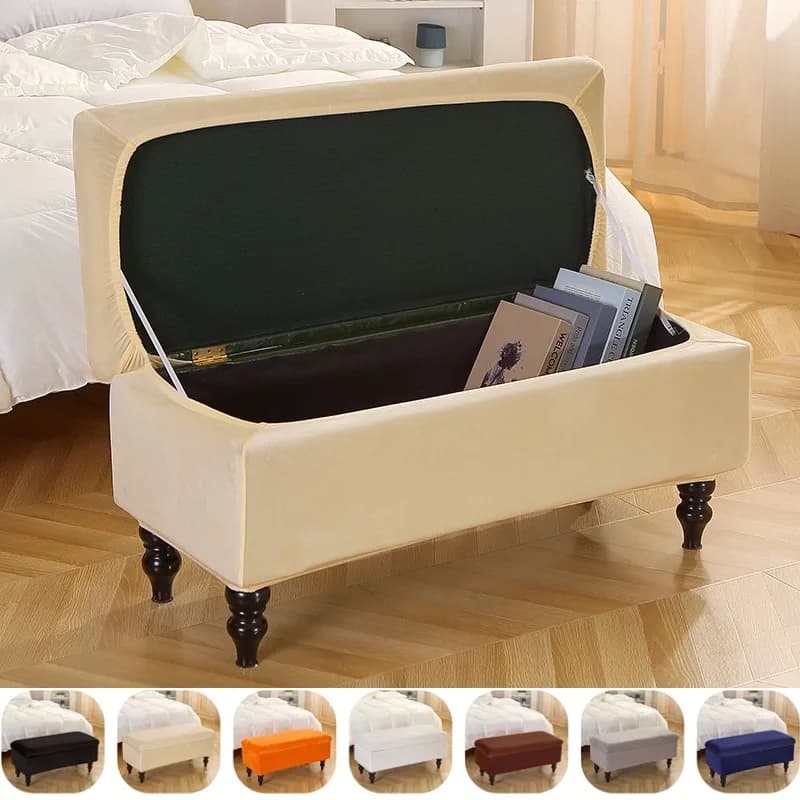 1PC Morbido Velluto Stoccaggio Sgabello Copertura Elastico Ottomano Poggiapiedi Coperture Rettangolo Piano Sedile Coprisedili Mobili Camera Da Letto Protezione
