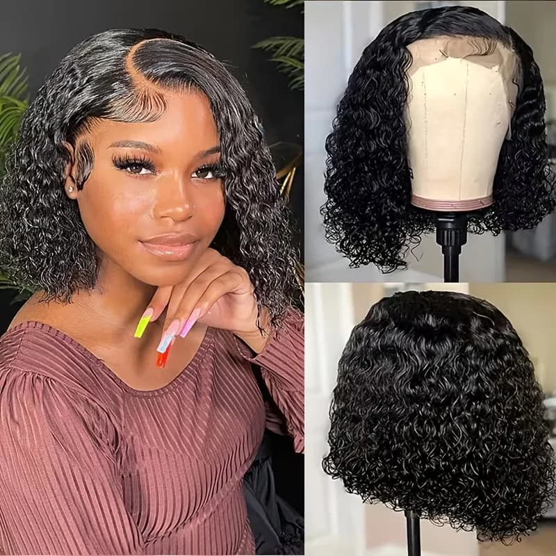 Short Curly Bob Natural Black color Wigs 13x4 Bob curly Wig Human Hair Pre Plucked Water Curly for Women Natural Hairline 14inch