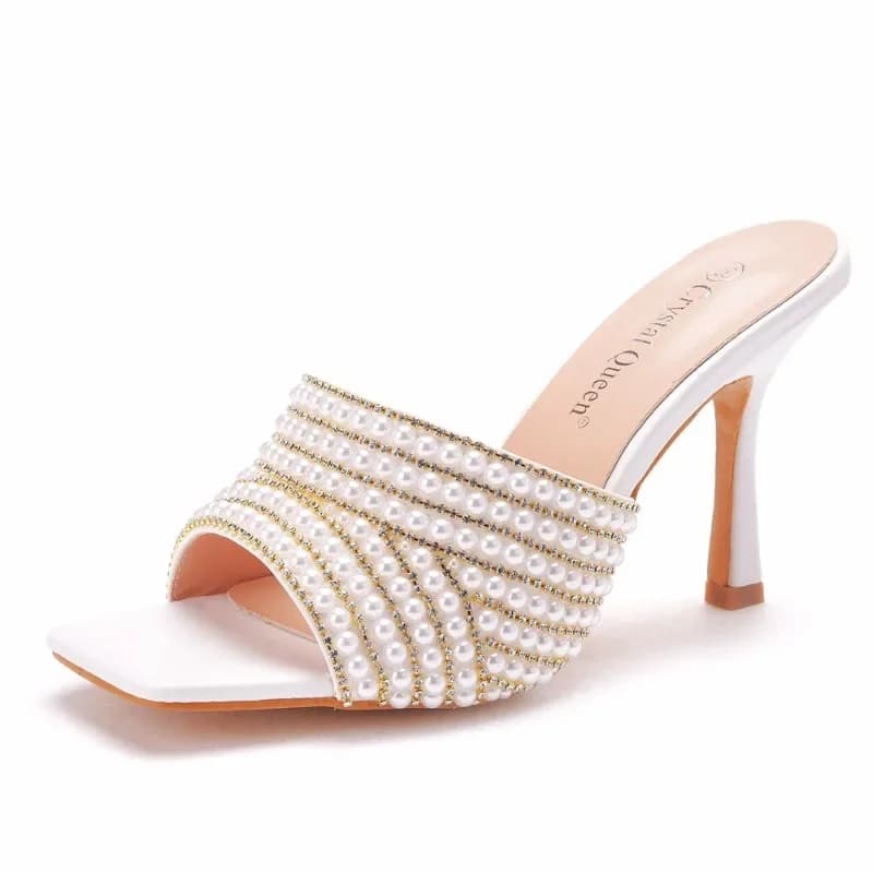 Summer Pearl Water Diamond 9cm Square Head High Heel Slippers Fashion Fish Mouth Wine Glasses Temperament Beaded Shallow Sandals