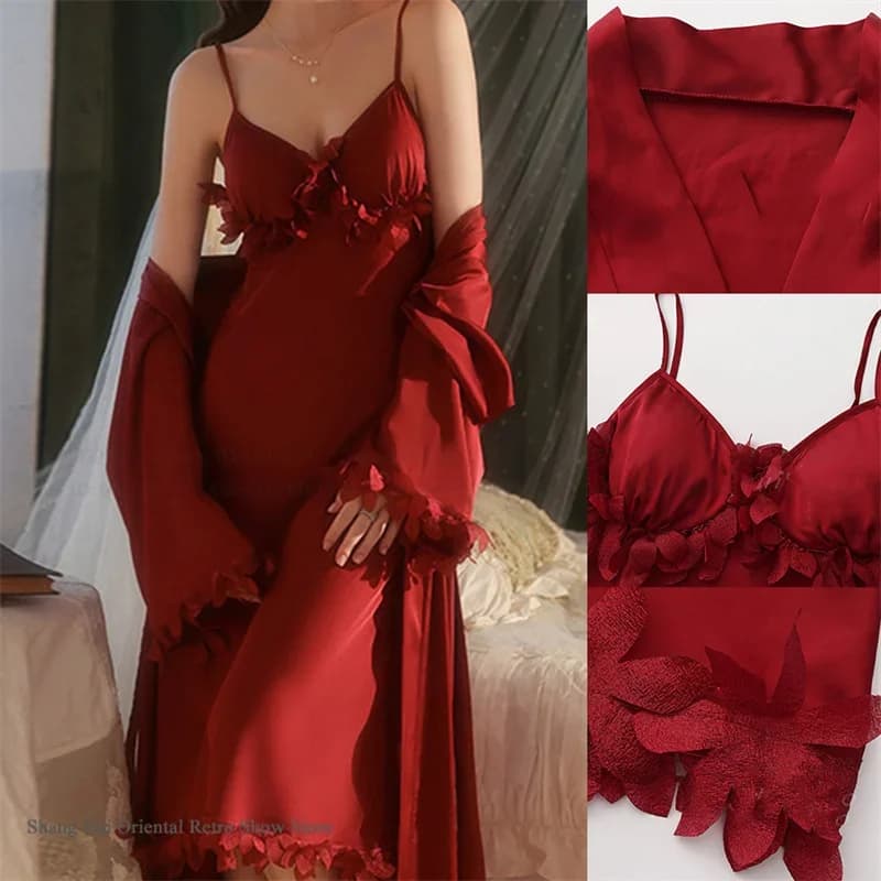 Sexy Lace Female Twinset Robe Set Long Nightgown Spring Summer New Sleepwear Lingerie Loungewear Silky Satin Homewear Bathrobe