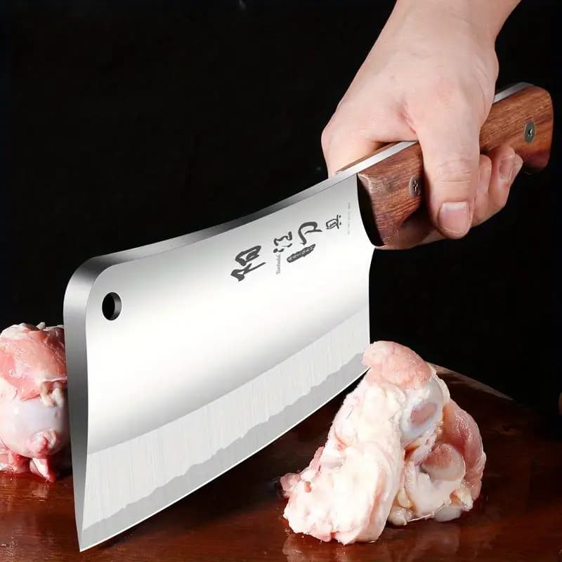 Coltello da Macellaio Professionale con Manico in Legno Pesante, Coltello per Tagliare Ossa, Carne e Verdure, con Affilacoltelli