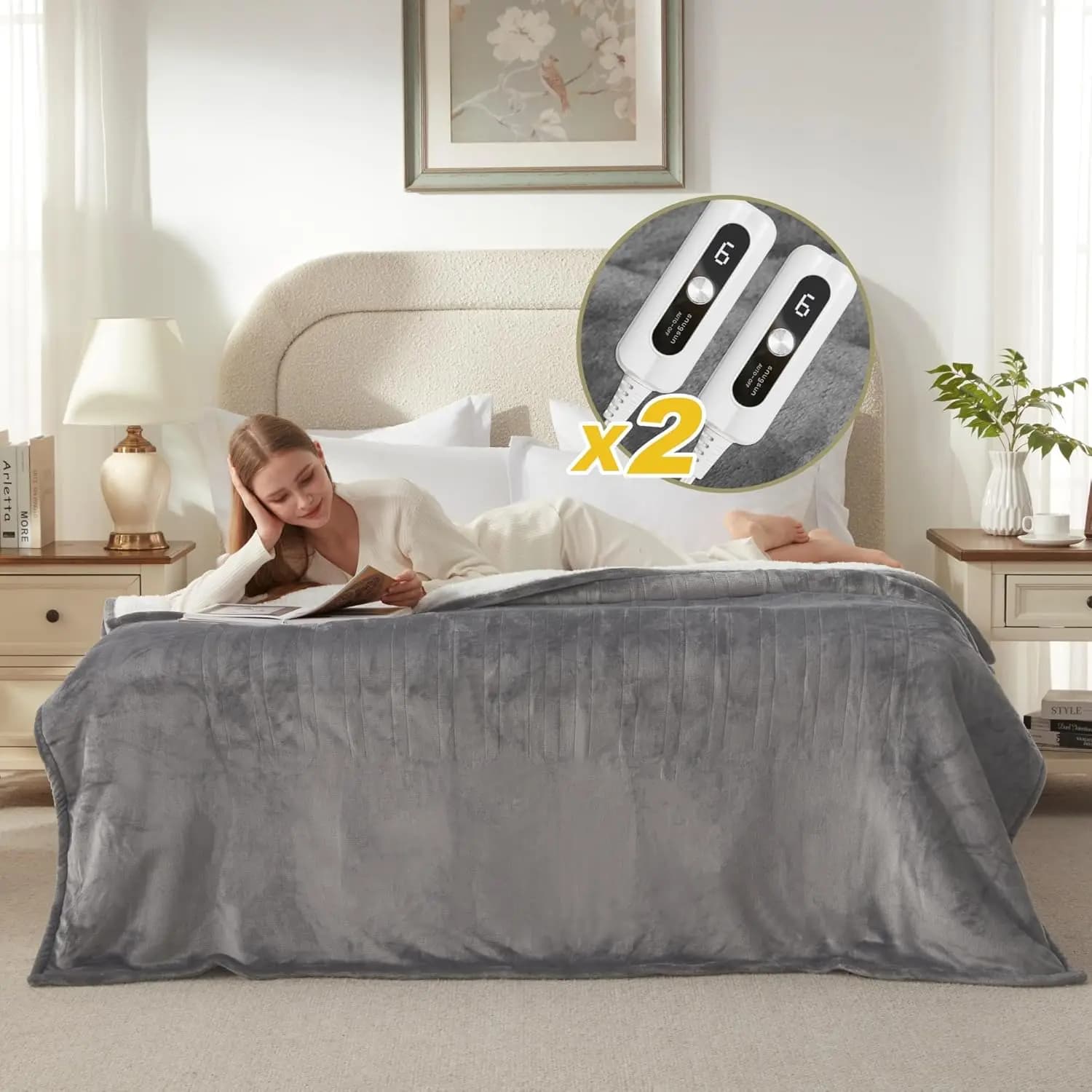 Coperta riscaldata elettrica king size con doppio controllo, morbida flanella spessa e Sherpa, 6 livelli di calore, spegnimento automatico