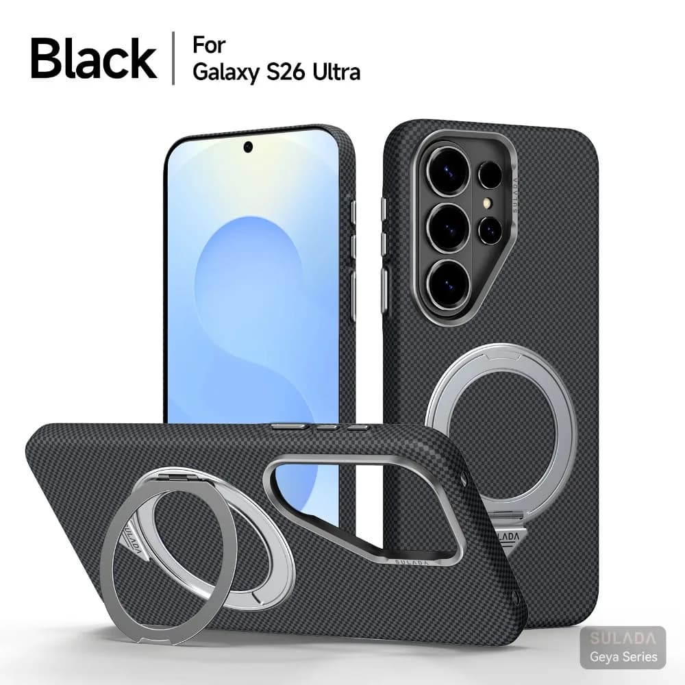 Per Samsung S26 Ultra S26 Plus, custodia con texture in fibra di carbonio e Kevlar, supporto magnetico rotante per ricarica wireless Magsafe