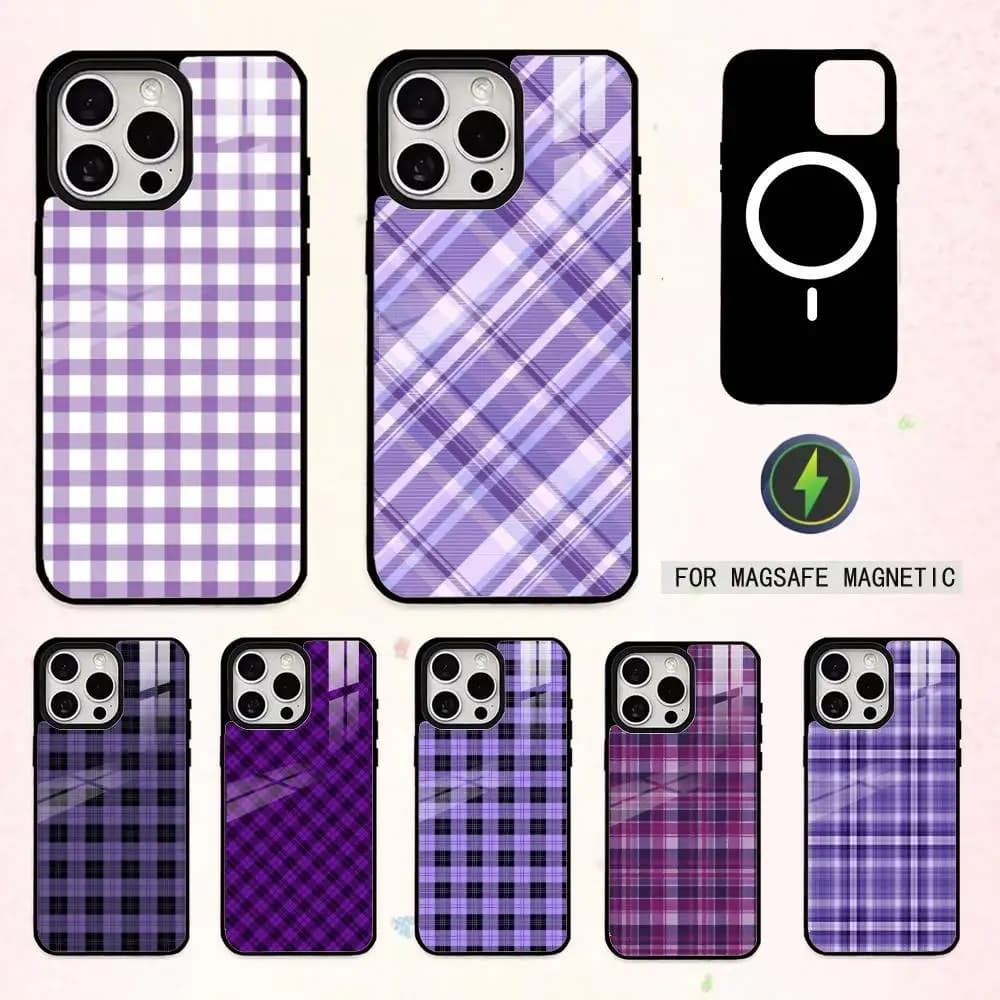 Custodia per telefono con fantasia scozzese viola per iPhone 17, 16, 15, 14, 13, 12, 11 Plus, Pro Max, magnetica per ricarica wireless MagSafe