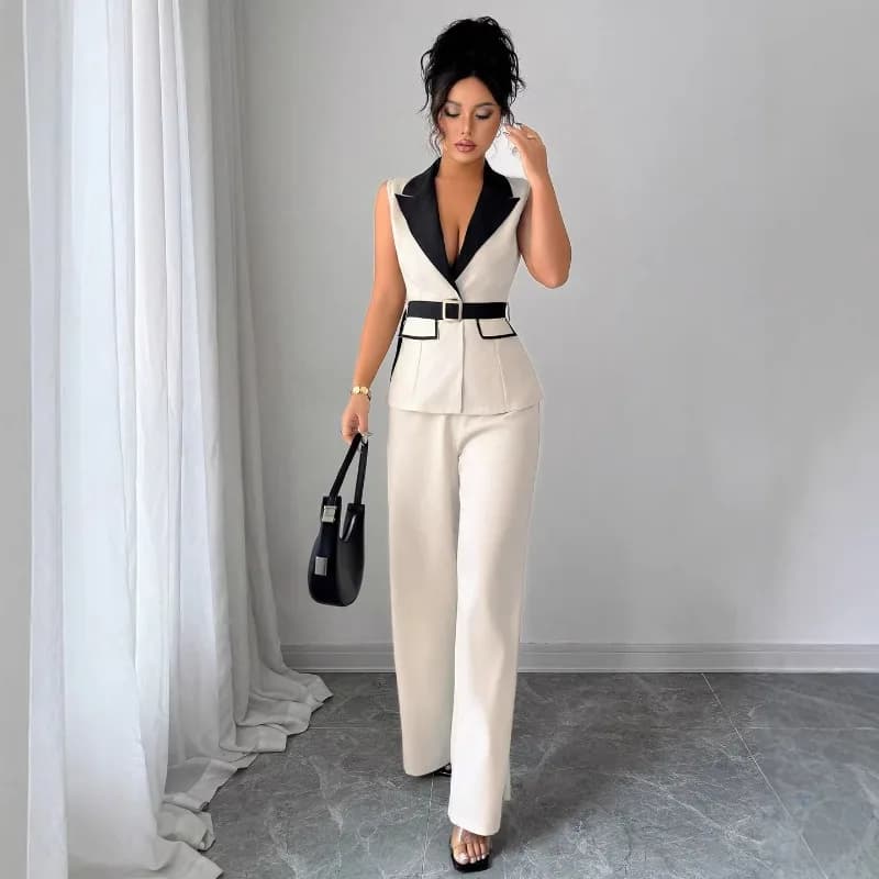 Women's Elegant Sleeveless Blazer Vest Wide Leg Pants Set With Belt