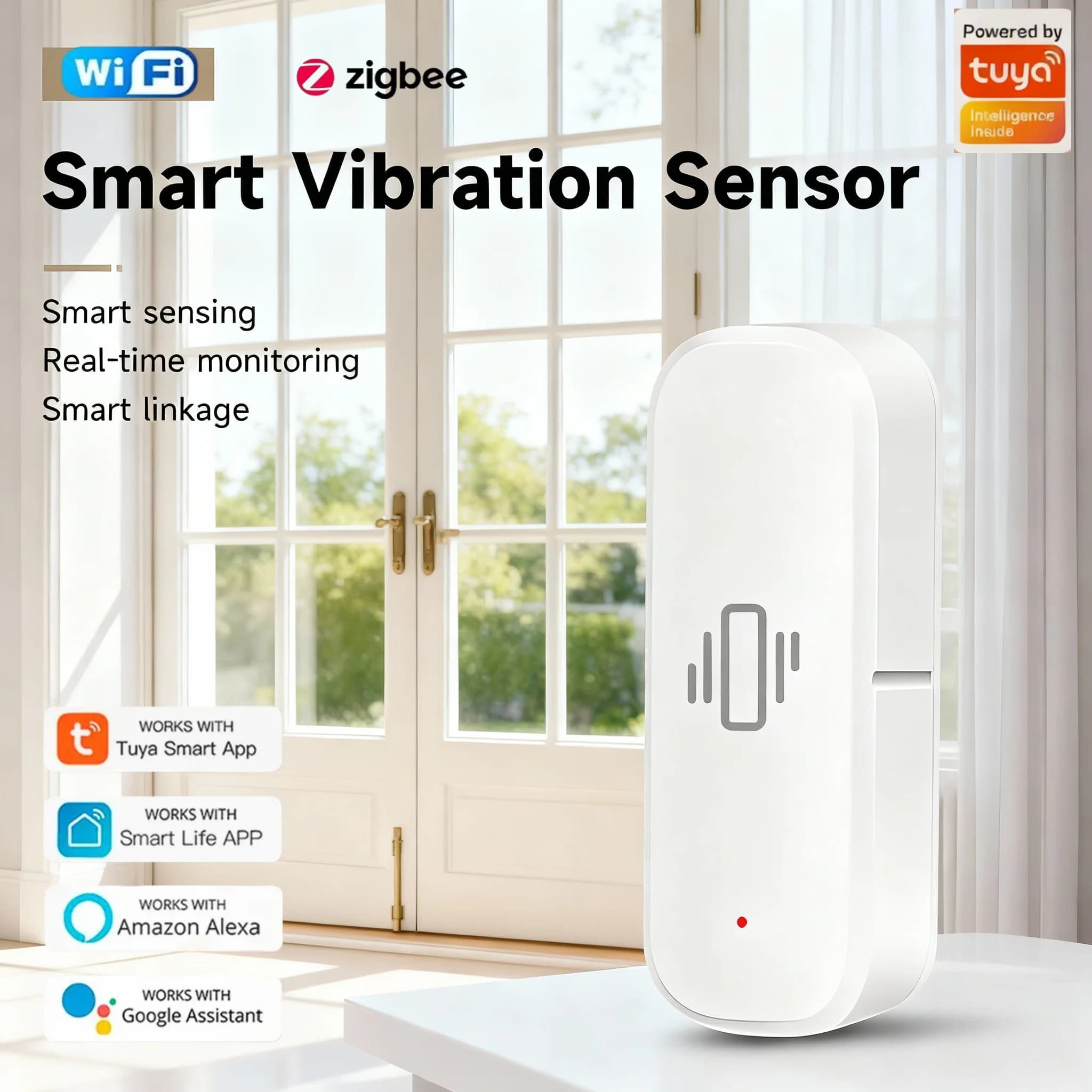 Sensore di Vibrazione Smart WiFi/Zigbee con Integrazione App Tuya Smart Life, Allarme in Tempo Reale per Movimenti e Urti, Cronologia Avvistamenti per la Sicurezza Domestica