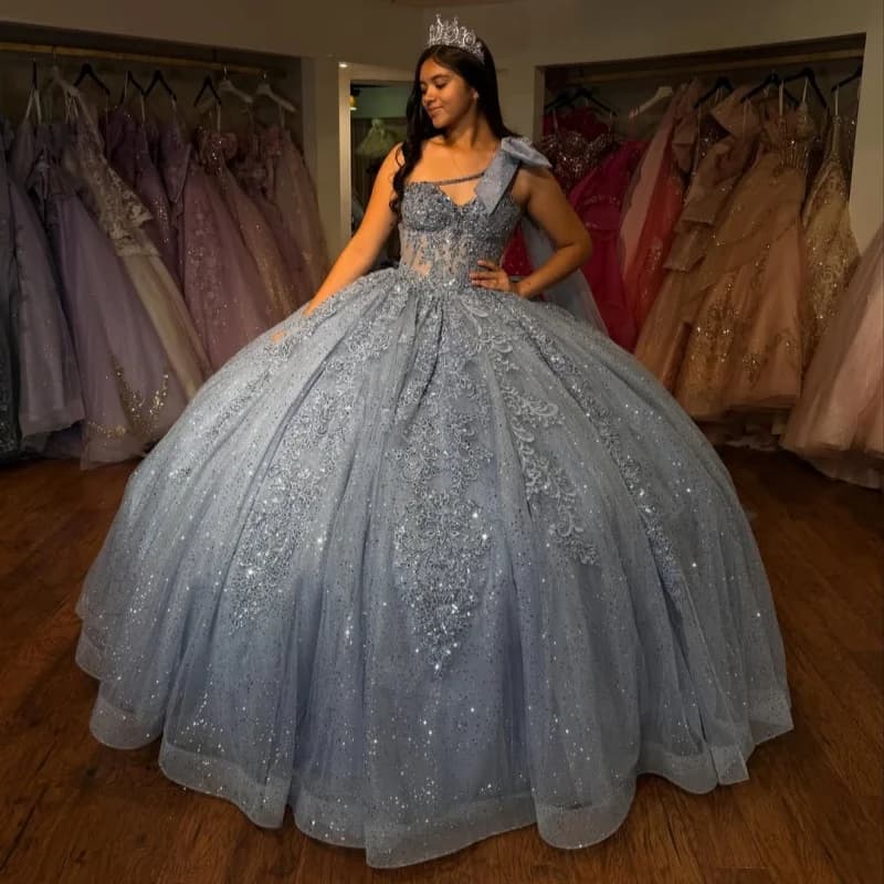 Silver Gray Quinceanera Dress off-shoulder Glitter Decal Lace Layering Long tail Big Bow vestidos de 15 Quinceanera Customize