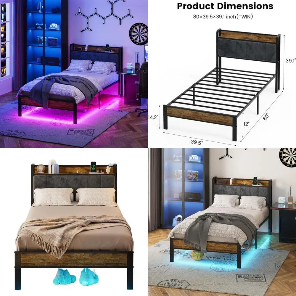Letto matrimoniale imbottito con porte USB, luci LED intelligenti, contenitore, doghe in metallo resistente, senza rete a molle, facile da montare
