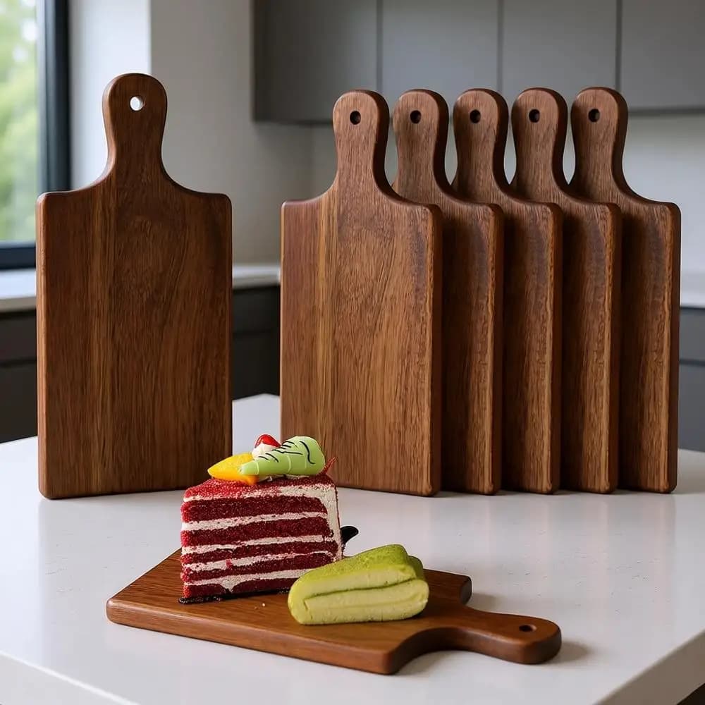 Set of 6 Custom Sizes in Acacia Wood with Handle for Serving and Engraving, Ideal for Wedding Gifts and Use in Kitchen