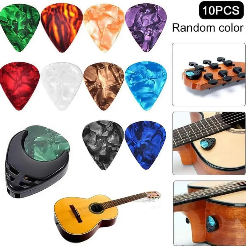 Set di 10 plettri per chitarra e plettri per chitarra per chitarra acustica, chitarra elettrica, basso, ukulele, supporto adesivo (colore casuale)