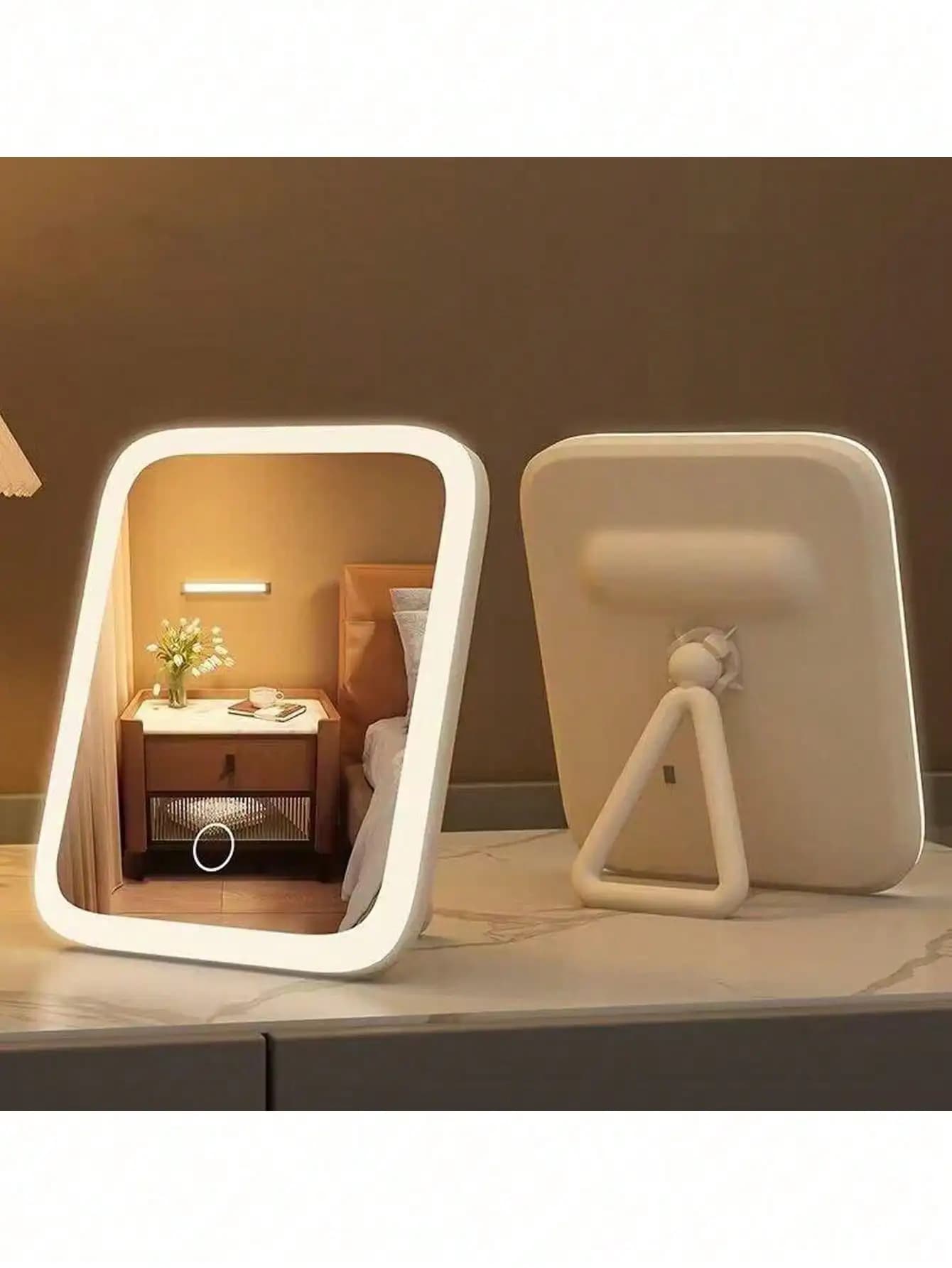 Specchio per trucco a LED, luce a 3 colori, 360 ° Girevole, touch control, alimentato tramite USB, specchio cosmetico da tavolo per viaggi in camera da letto, in bagno