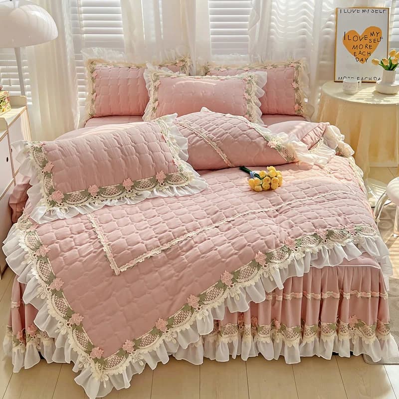 Set biancheria da letto stile principessa coreana rosa fiori pizzo volant ricamo trapuntato copripiumino spesso copriletto gonna letto federe