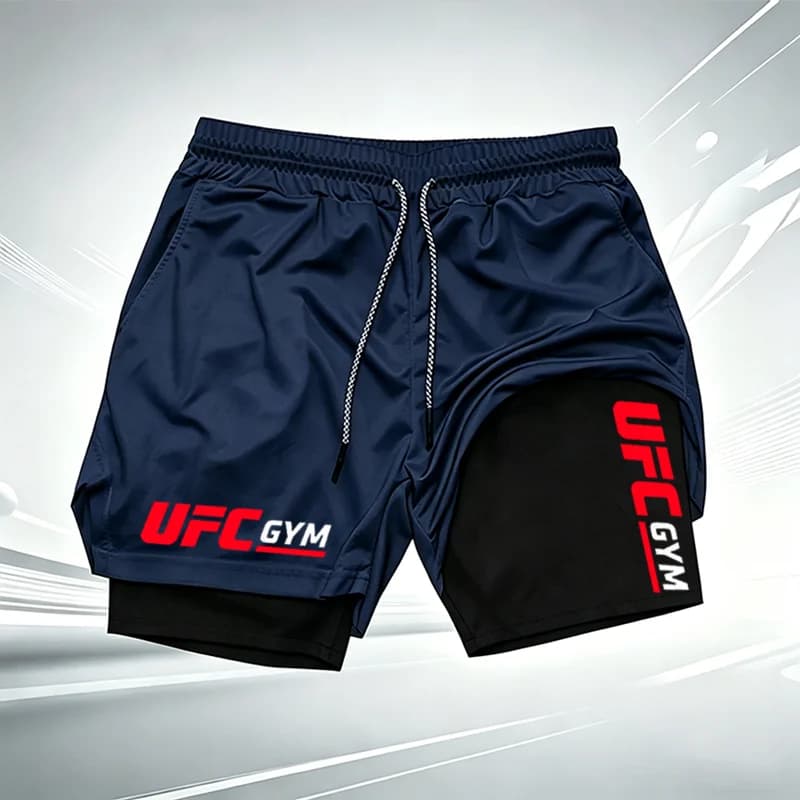 Summer men's printed UFC GYM 2-in-1 compression base shorts, quick drying fitness training breathable running shorts