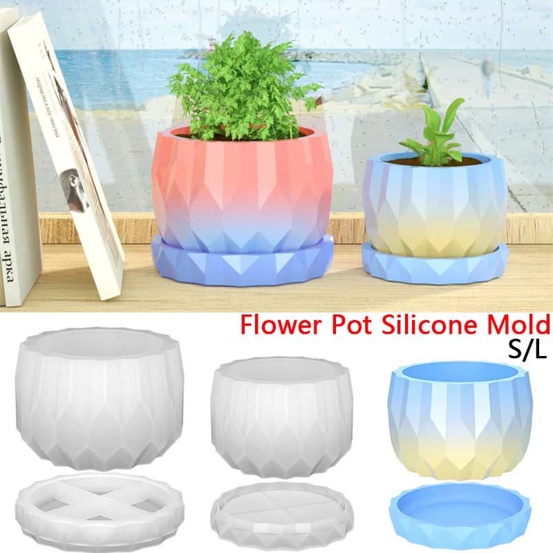 1 Set Silicone Planter Moulds for Cement Flower Pot and Silicone Moulds for Faceted Jars in the shape of DIY Diamond Garden Decoration