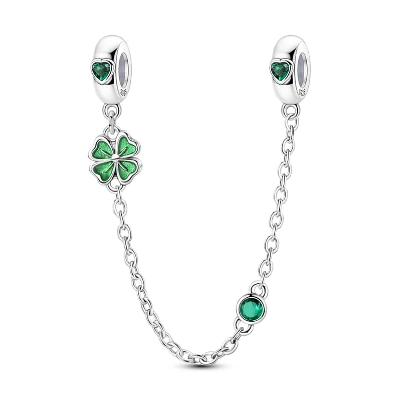Green Quadrifoglio Shape Pendants and Beads with 925 Silver Safety Chain, Compatible with Original Bracelets, Good luck Jewelry, Women Gifts