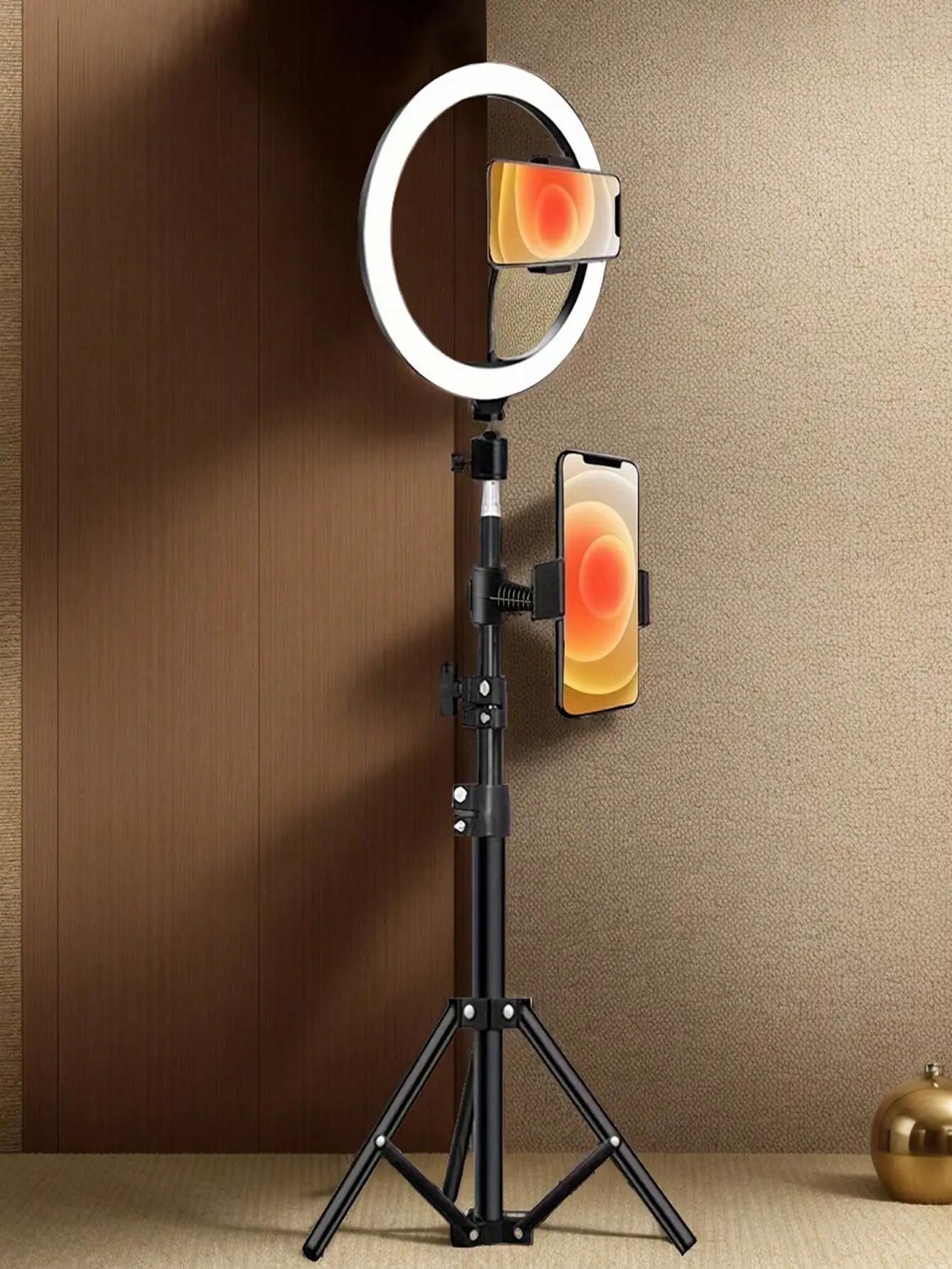Supporto treppiede da 110 cm + clip a O, dotato di luce ad anello da 10 pollici per live streaming e accessorio per selfie e live streaming.