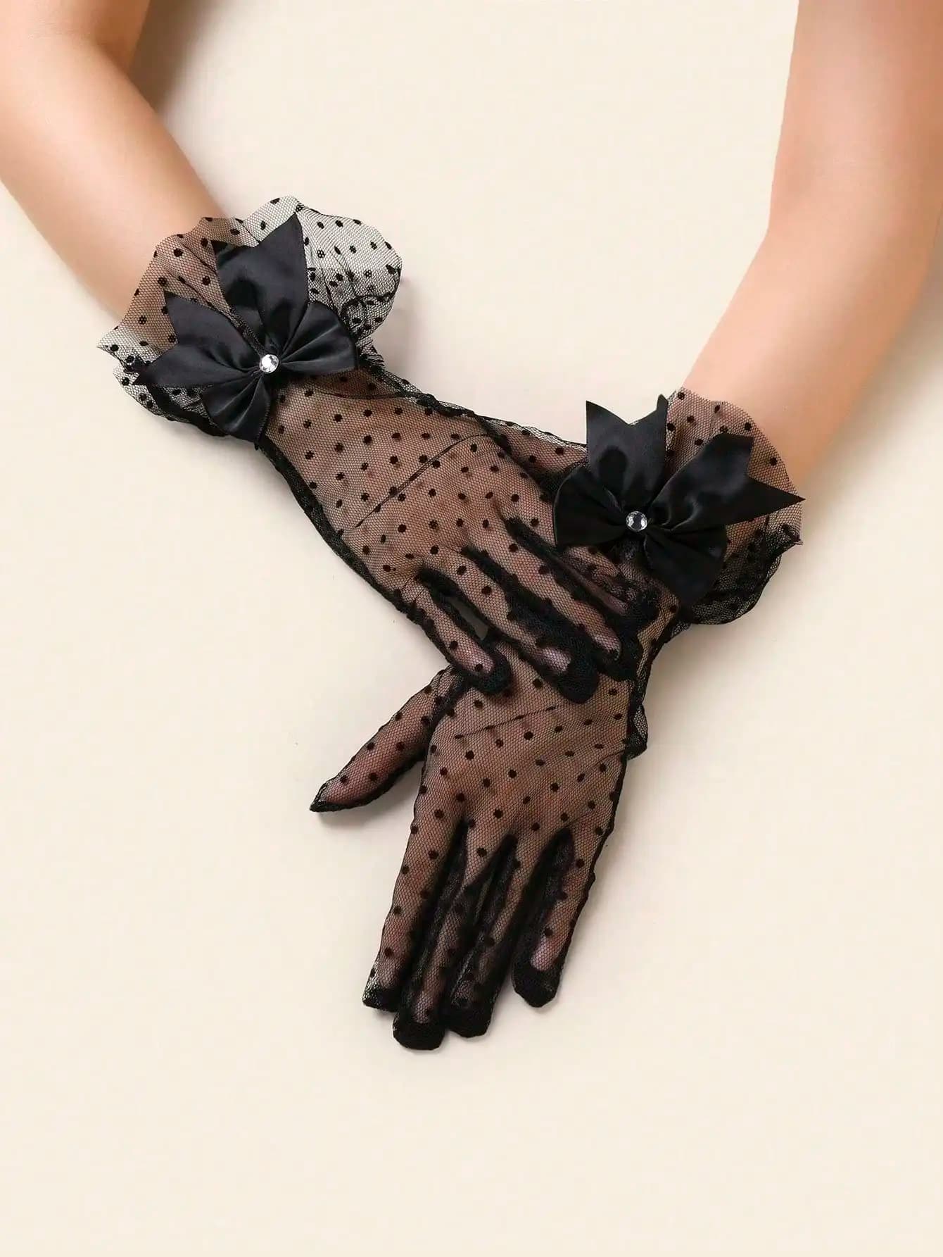 1 paio di guanti corti con fiocco in pizzo decorato con strass, accessori eleganti da donna
