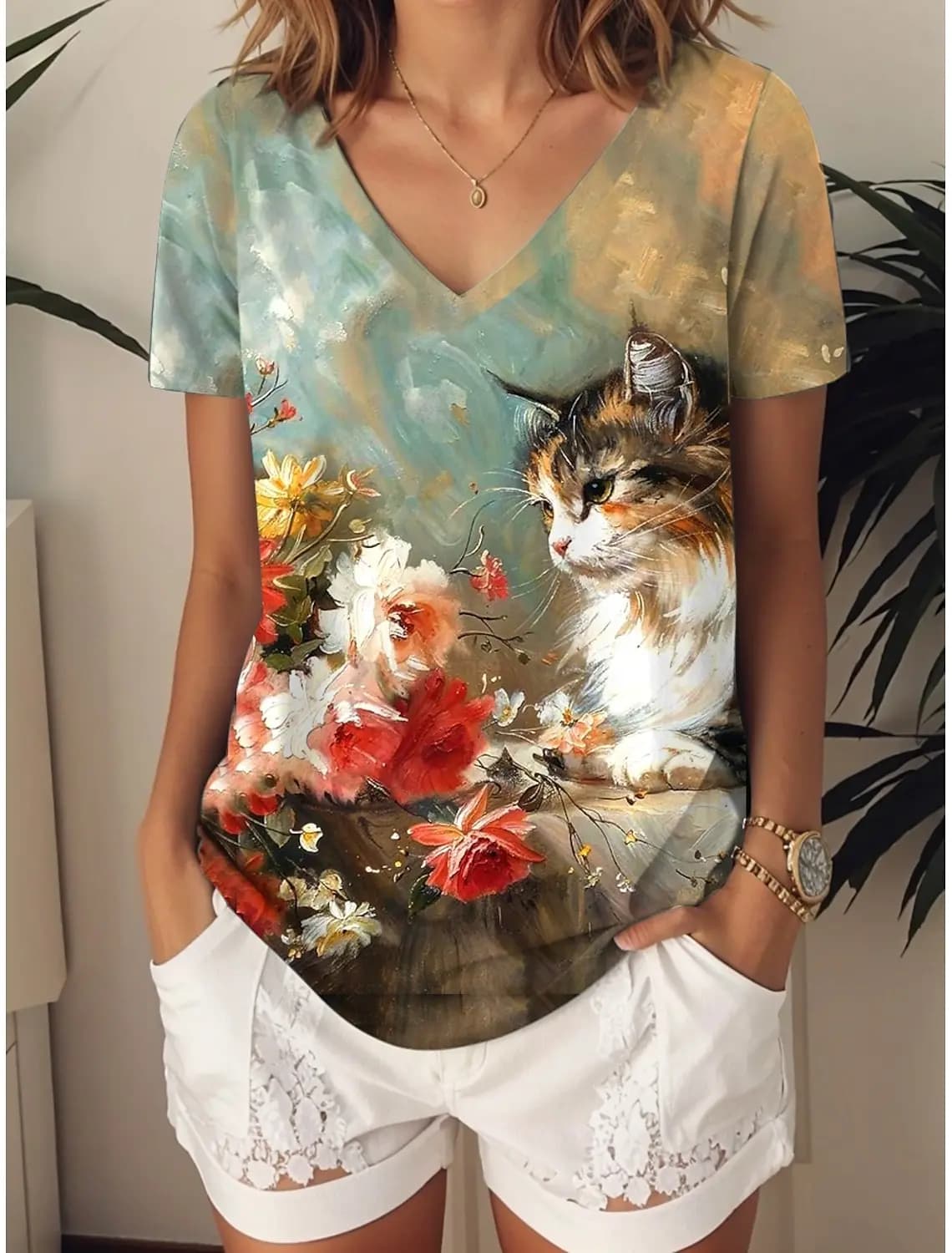 2025 T-shirt da donna Kawaii Cat Graphic Fashion Manica corta con scollo a V Top regolari Stampa quotidiana Tee Estate Primavera casual Top