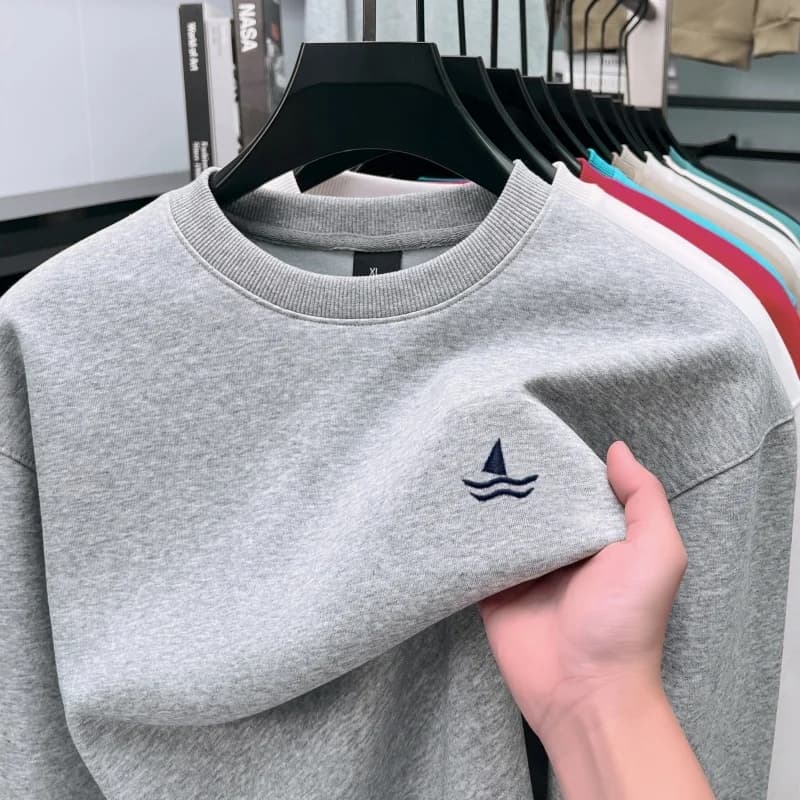 High end brand men's long sleeved T-shirt fashion exquisite boat Embroidery design loose comfortable round neck sports pullover