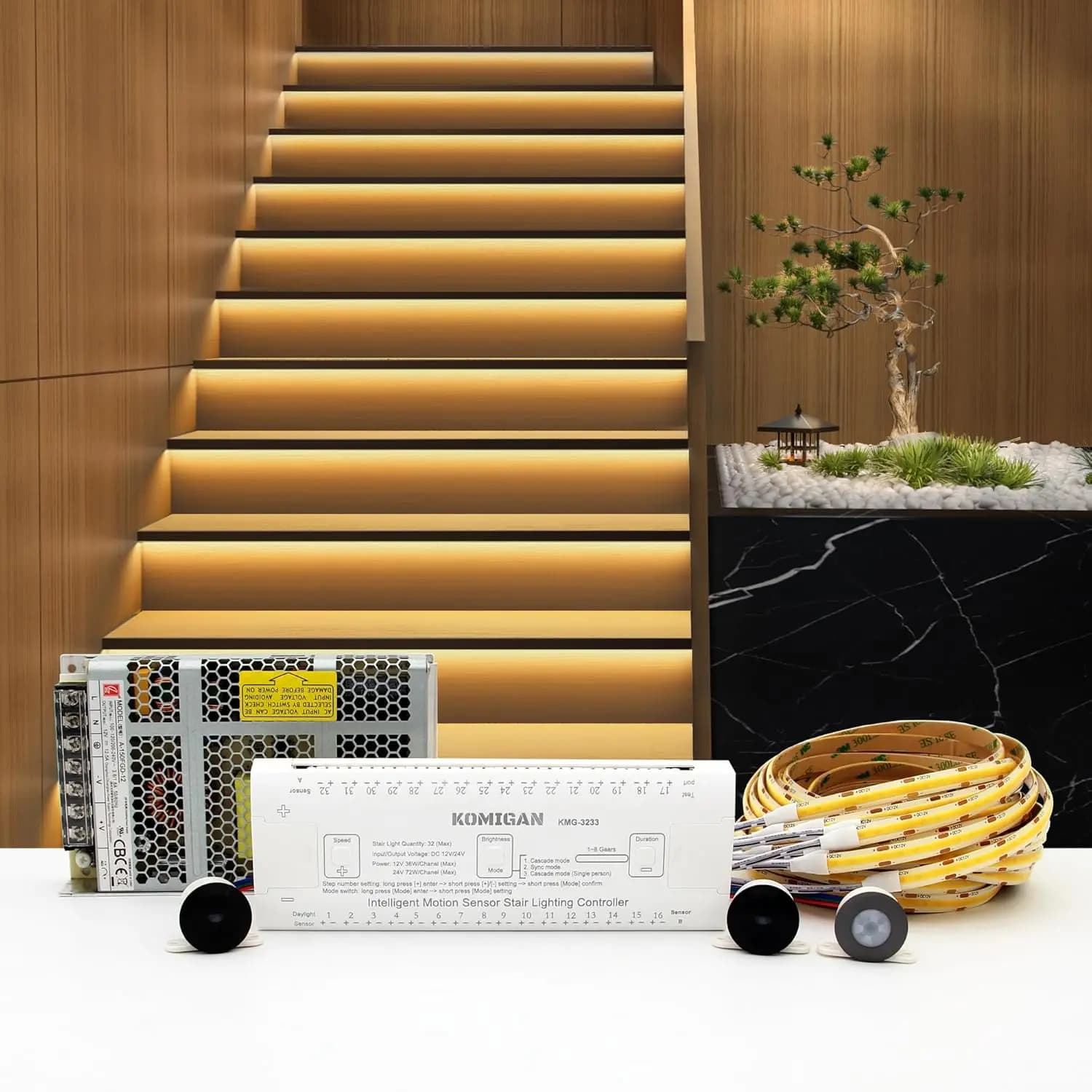 Kit Luci LED per Scale con Sensore di Movimento, Striscia Tagliabile 40 Pollici, 12 Gradini, Bianco Caldo 3000K