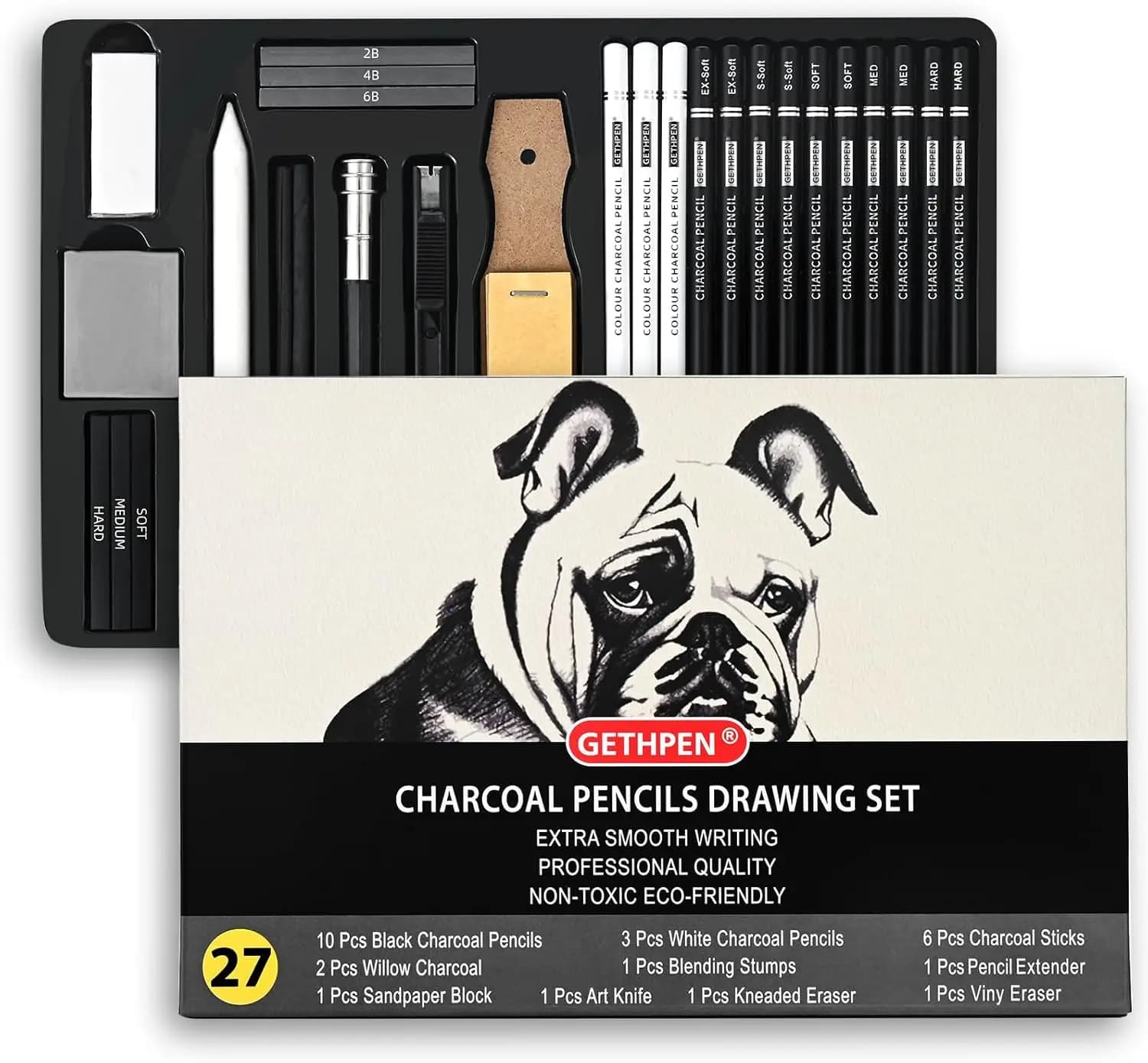 27 Piece Charcoal Drawing Set - Professional Black & White Pencils for Sketching, Shading & Blending, Graphite Sticks, Art Supplies Kit