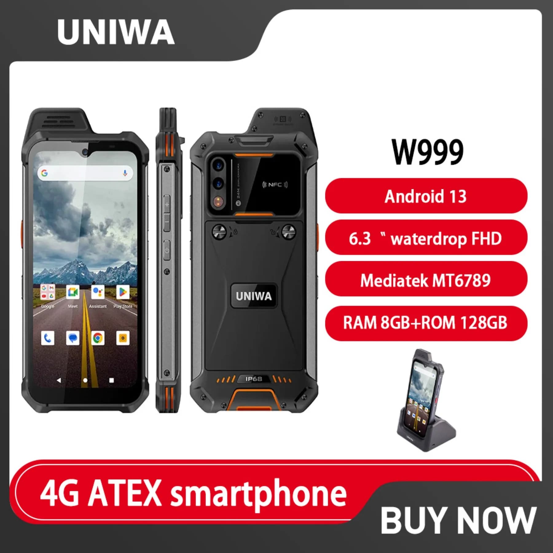 UNIWA W999 ATEX Esplosione Robusta Smartphone Impermeabile Walkie Talkie Helio G99 8GB + 128GB 6.3 "FHD 4400mAh Andriod 13 Telefono Cellulare