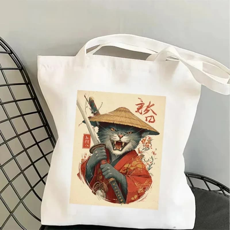 Samurai Cat Canvas Bag Tote Bag Shoulder Bag Handbag Japanese Warrior Print Kimono Design Gift For Women Men Cat Lovers