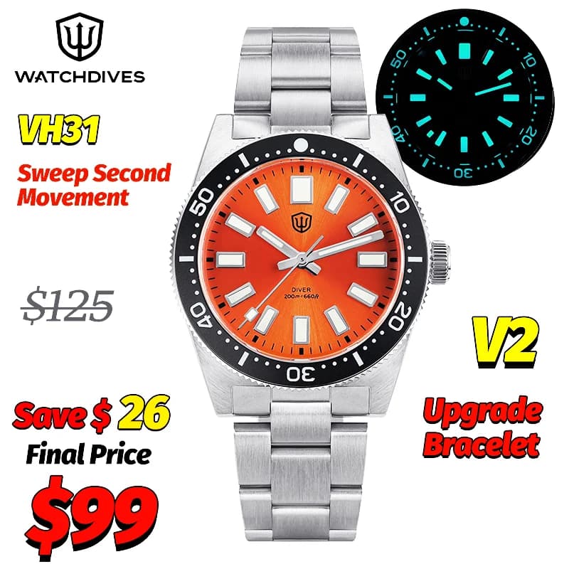 Watchdives WD1965 V2 Quartz Watch Orange Vh31 Movement Bgw9 Luminous Working Watch 20Bar Wrist Watch with Waterproof Sapphire Gift