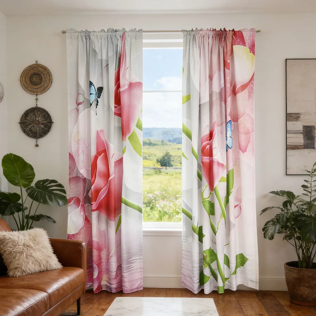 Tende Trasparenti con Stampa di Rose e Farfalle ad Acquerello, Drappeggi Filtranti la Luce con Tasca per Asta per Soggiorno