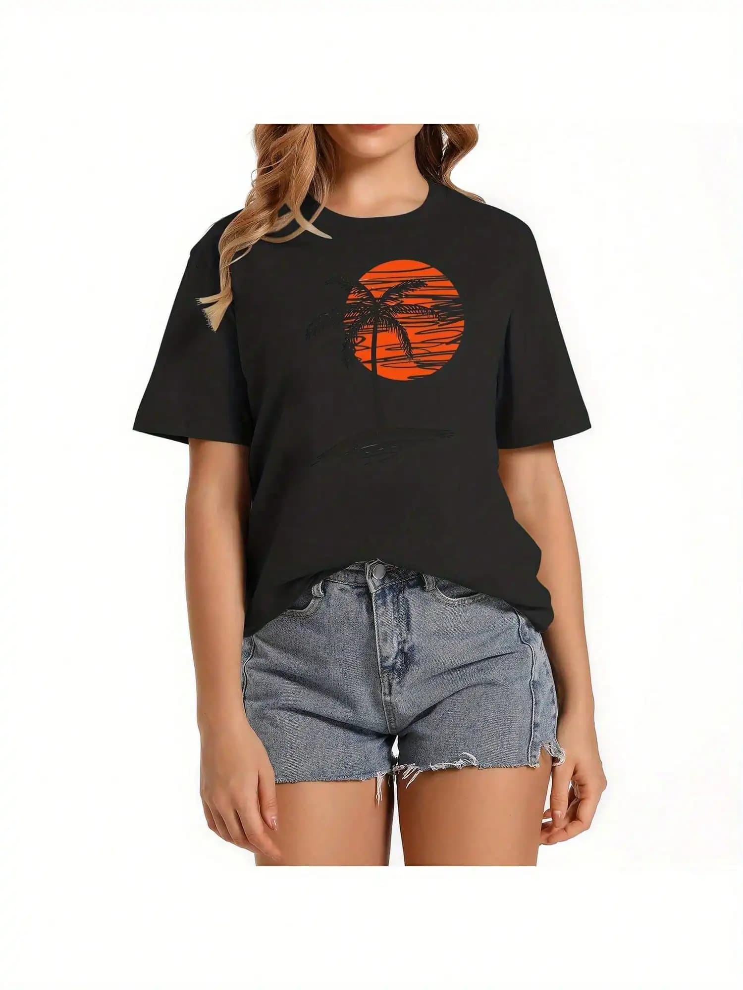 T-shirt da donna a maniche corte in cotone 100% con stampa di palme tropicali - Top casual girocollo morbido e traspirante per la primavera/autunno