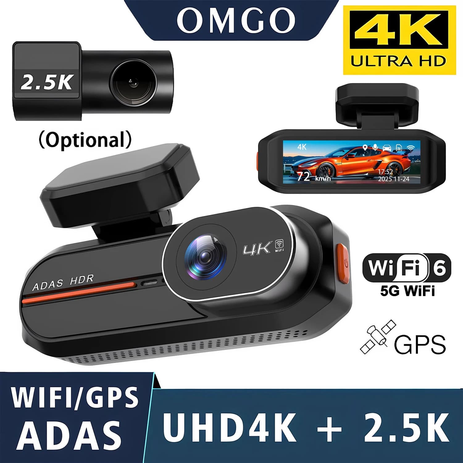 Dash Cam 4K+2.5K ADAS con GPS, WiFi 5G, Visione Notturna 24 Ore, Mini Registratore Video DVR per Auto con Doppia Lente Posteriore, Scatola Nera per Veicoli
