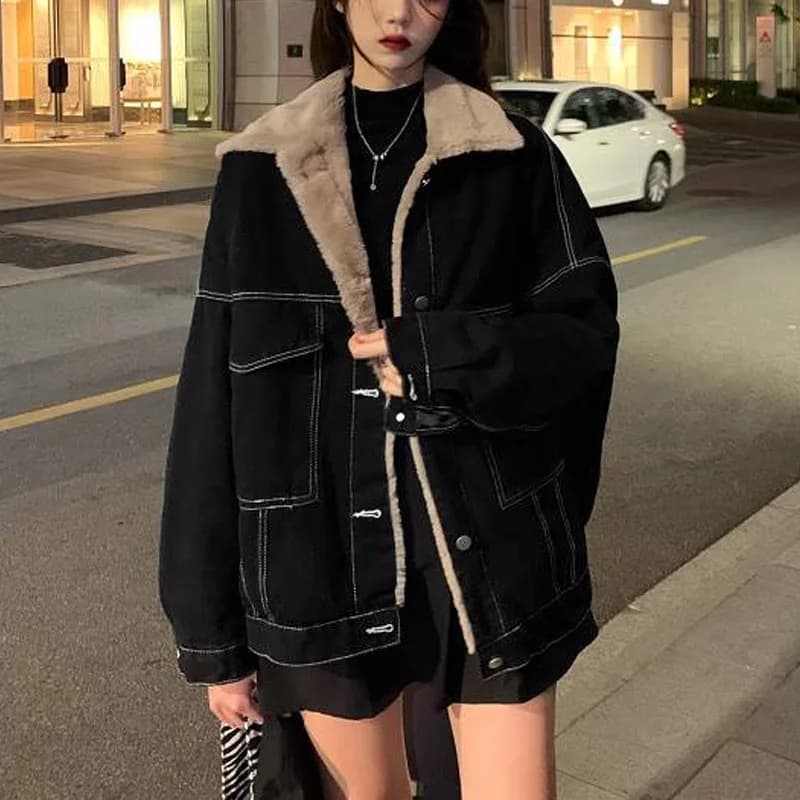 Cappotto di jeans da donna con risvolto spesso giacche solide manica intera monopetto giacca Y2k base allentata cappotti tasche casual inverno 2025