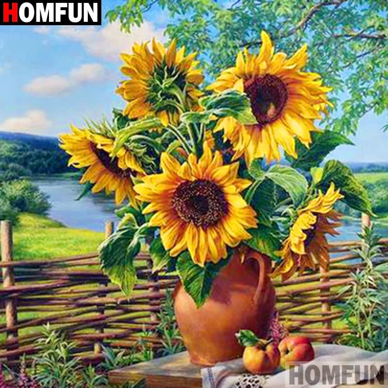 HOMFUN Pittura Diamante 3D "Fiore Girasole" Fai da Te Pieno di Strass Trapano Kit Punto Croce Quadrato Rotondo Diamante Ricamo
