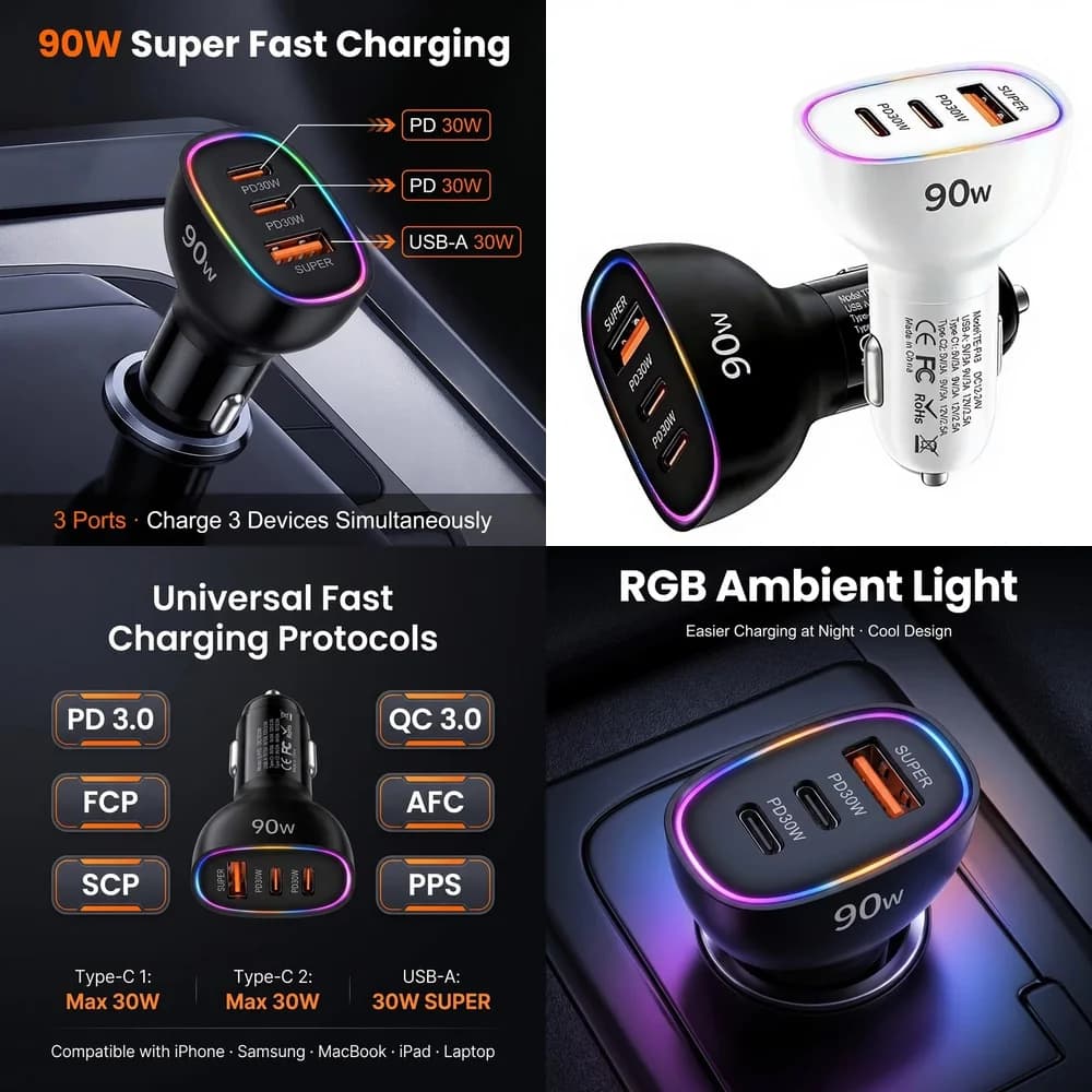 90W Car Charger Multi Port Fast Charging Dual PD 30W Type C USB A 30W Adapter for MacBook Laptop Phone PPS QC3.0 RGB LED Light