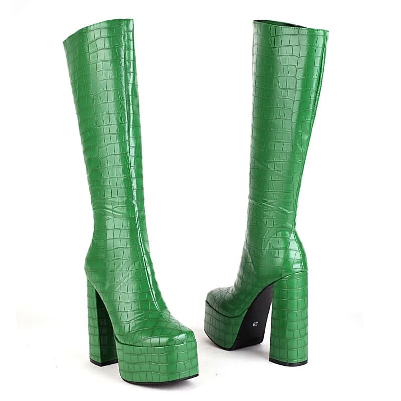 Stivali punk Scarpe invernali da donna Piattaforma Tacchi alti Stivali alti al ginocchio Moda Sexy Verde Rosso Nero Bianco Scarpe lunghe Donna